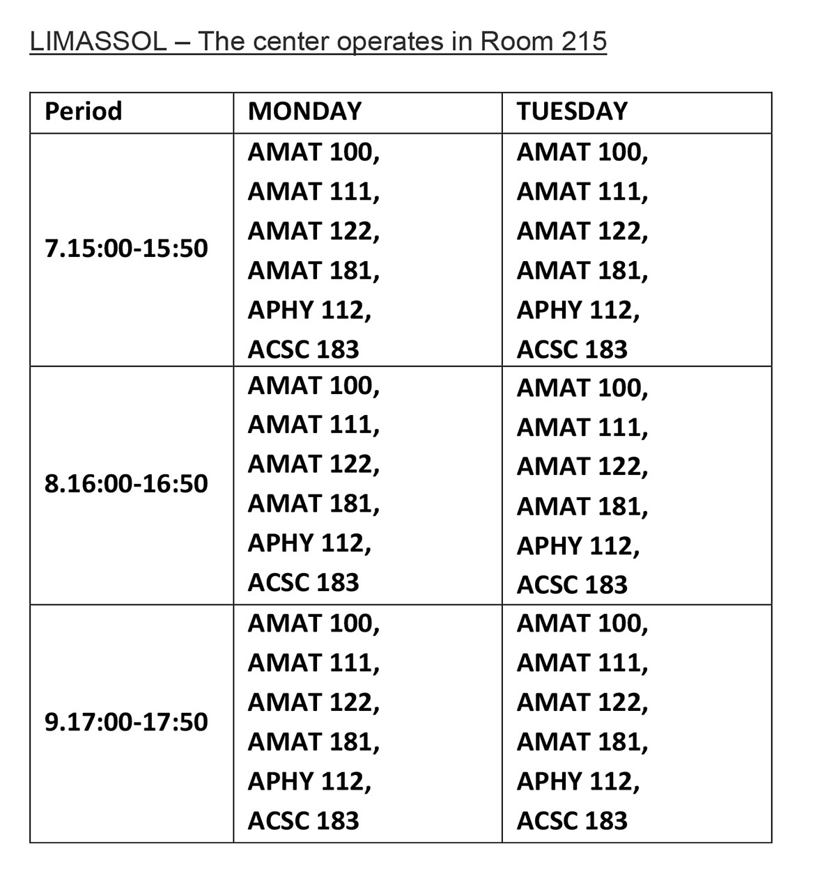 Peer Tutoring Center LIMASSOL Room 215