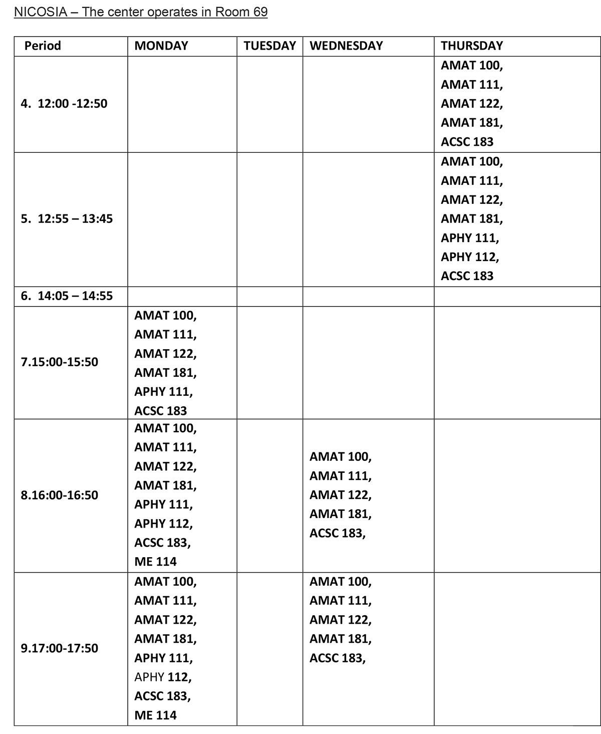 Peer Tutoring Center NICOSIA Room 69